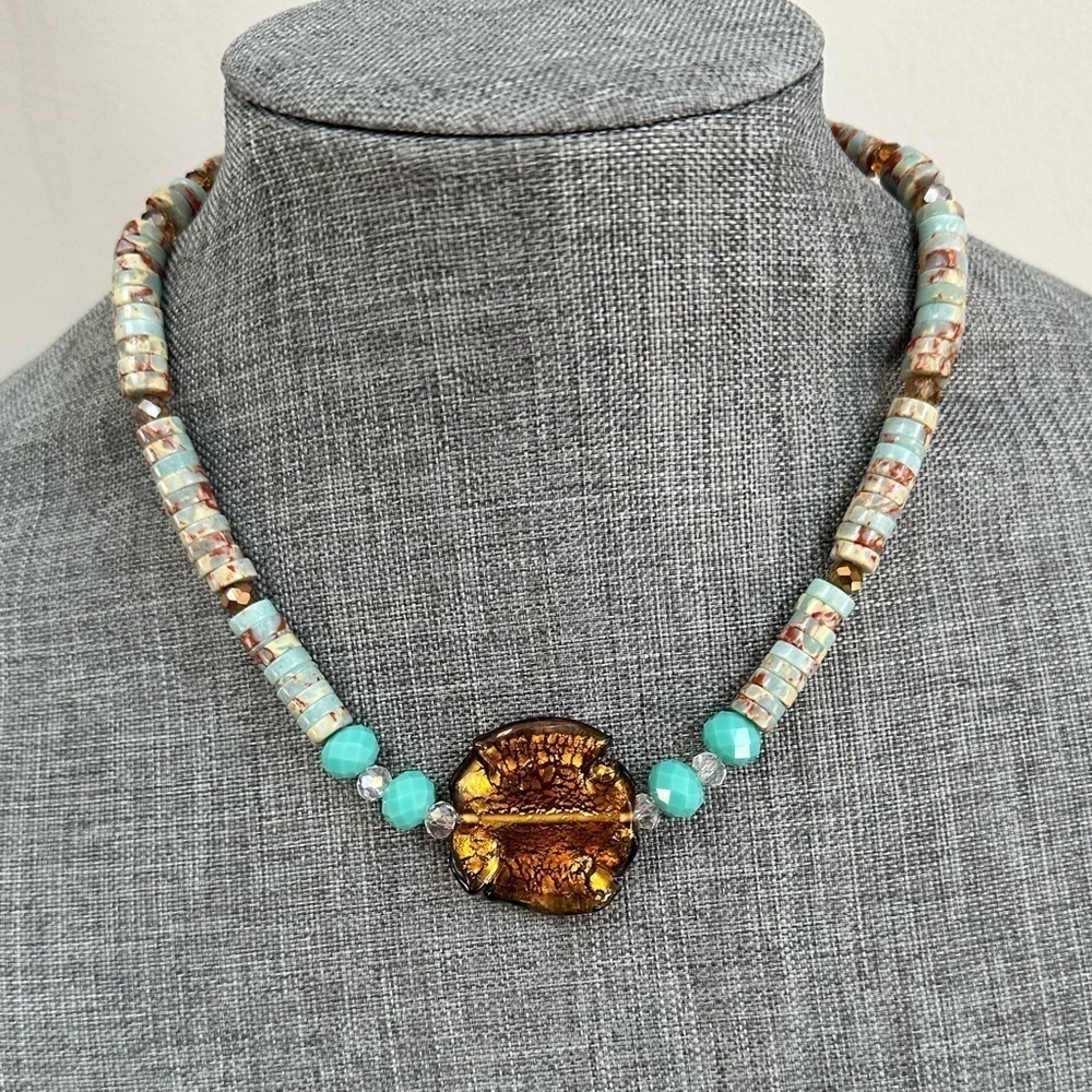 Italian Glass Semi-Precious Jasper Heishi Bead Crystals Statement Neckla…